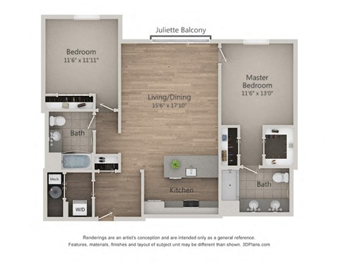 Floor plan for 2 beds, 2 baths